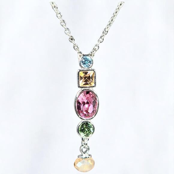 Multi-Stone Drop Pendant Necklace Made with Swarovski Crystals 16" + 2" Extender - Picture 6 of 9